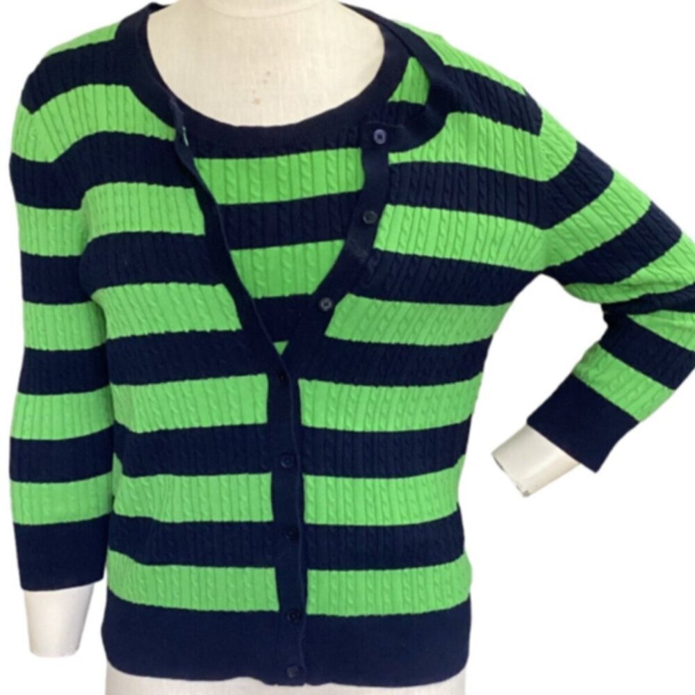 Talbots Cotton Cardigan Twinset Cable Knit Striped Sz PM Navy Blue & Green‎ 91Q